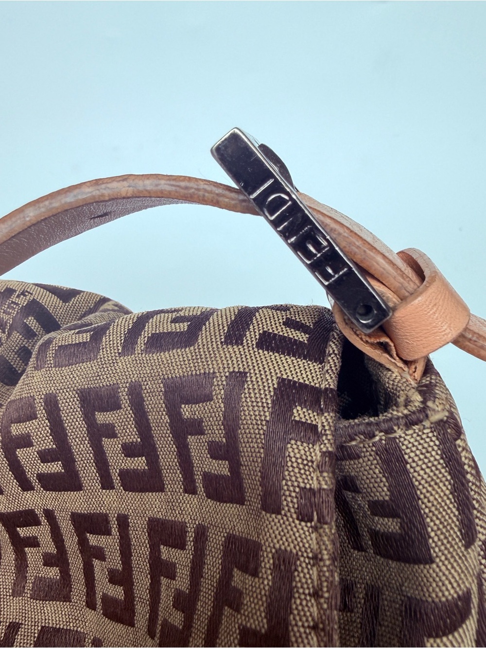 Vintage Fendi Zucchino Mama Baguette Shoulder Bag with Tan Leather Trim - Picture 9 of 9